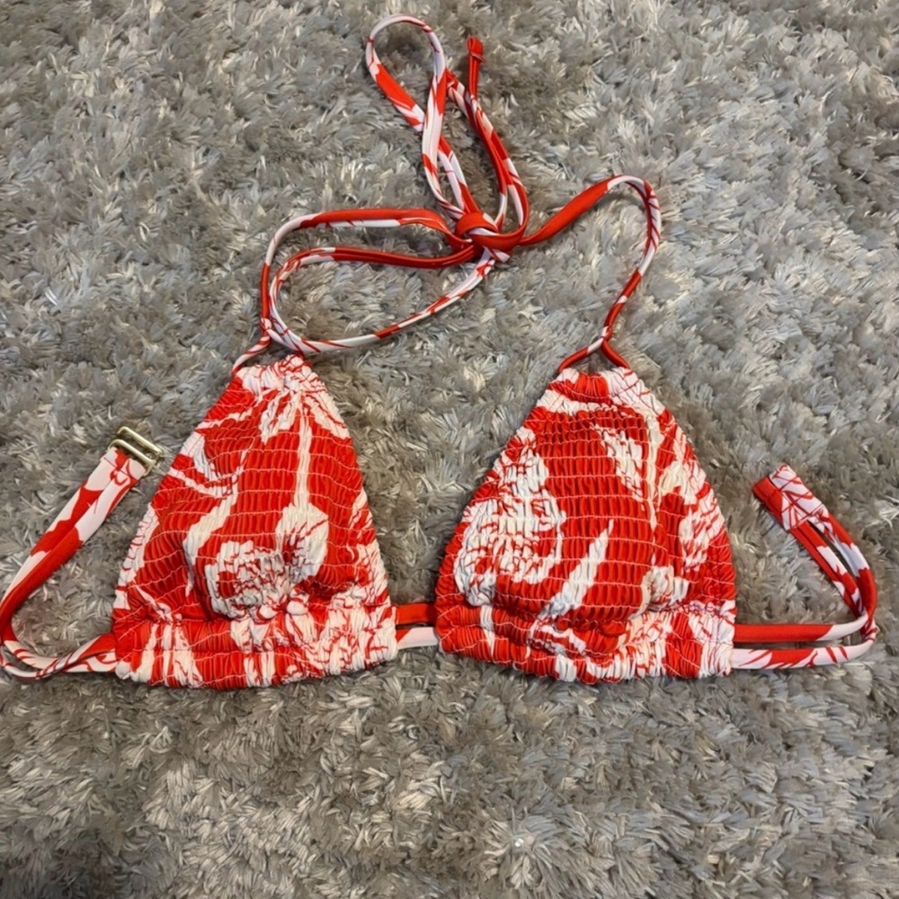 Red and White Floral Bikini Top